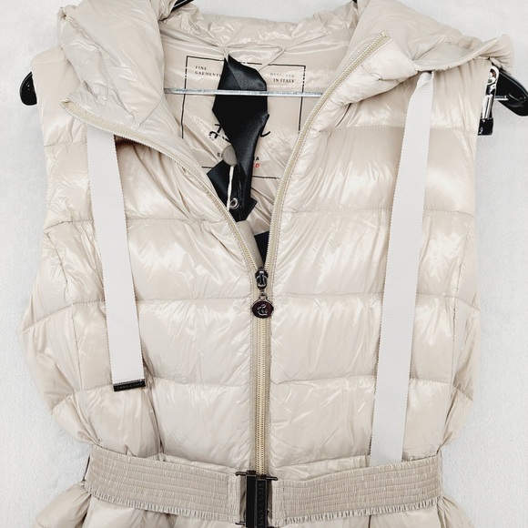 NEW Emma & Gaia Red Label Beige Hooded Long Puffer Vest Belted Quilted Z63 - Picture 3 of 11